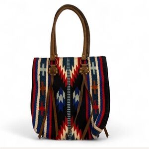 Southwestern Patterned Tote Bag with Leather Straps and Tassels NWT